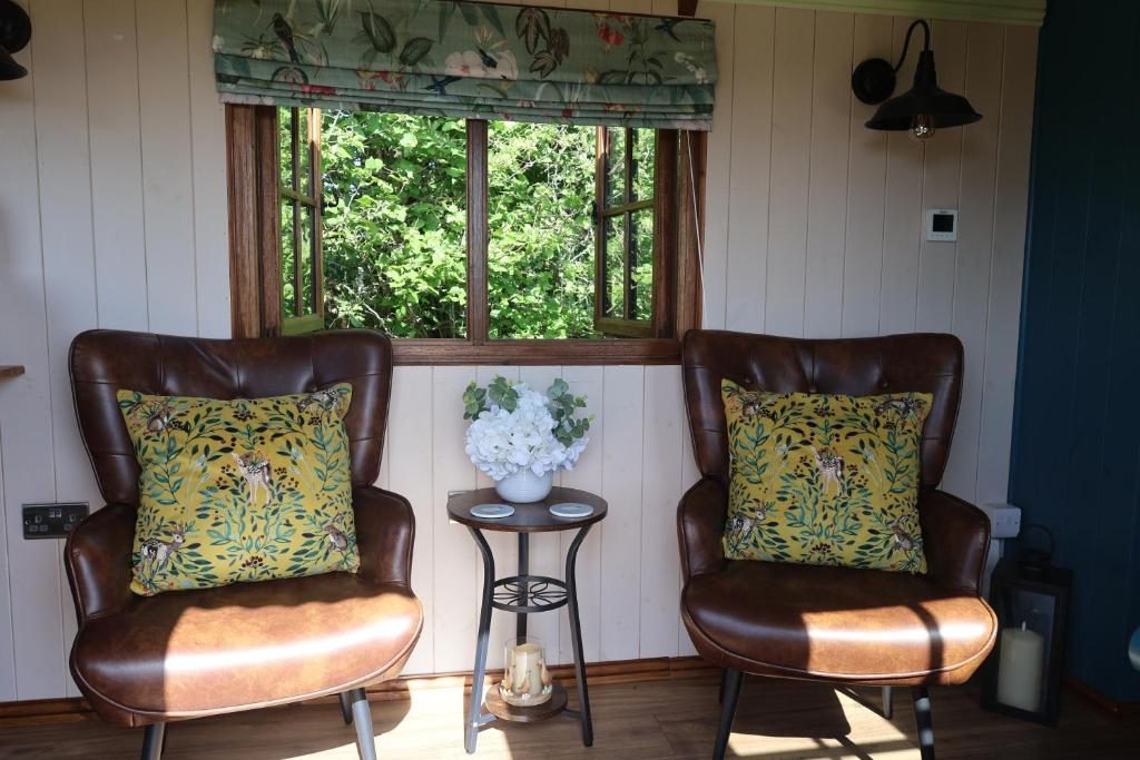 Two leather armchairs with mustard cushions by the window