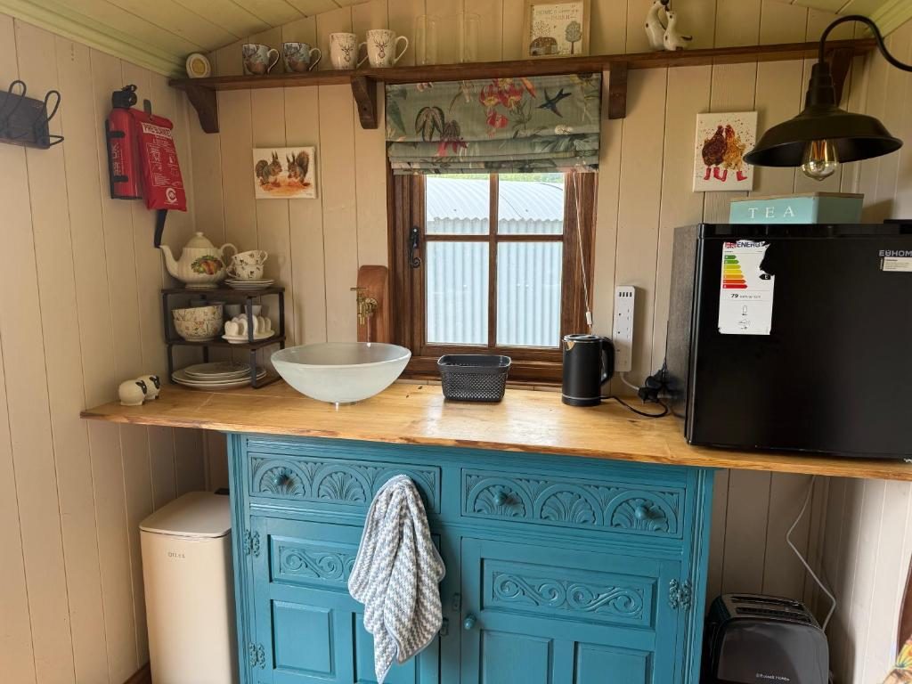 The kitchenette with a fridge, kettle and basin on a painted dresser